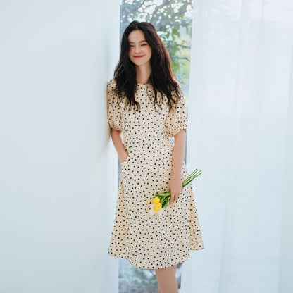 Elegant Heart Print French Lantern Sleeve Midi Dress