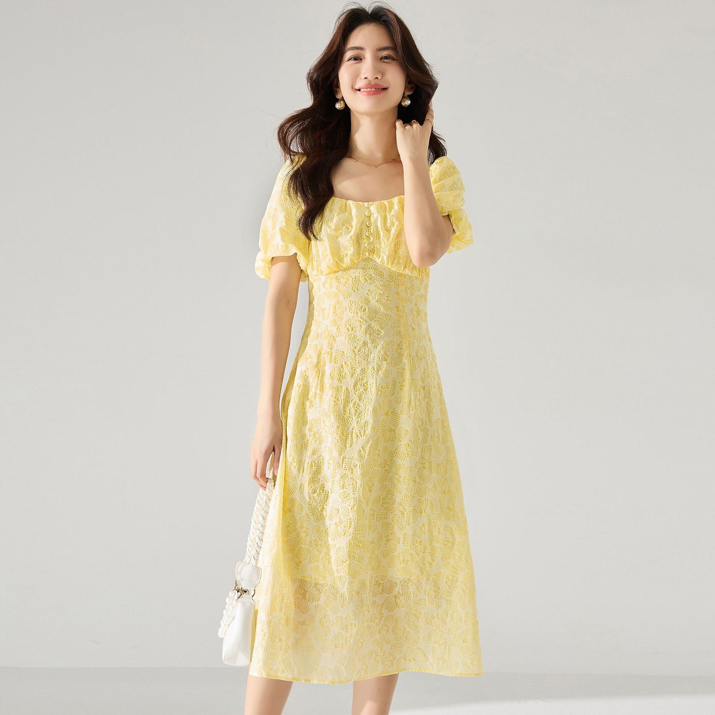 Elegant French Yellow Textured Square-Neck Floral Dress