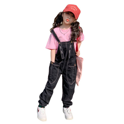 Girls' Korean Style T-shirt and Suspender Pants Two Pieces Set