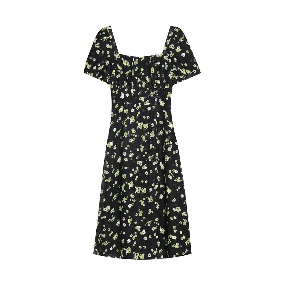 Retro Black French Floral Puff Sleeve Dress