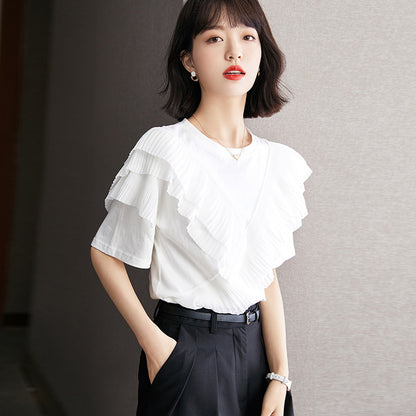 Women's White Ruffled Short Sleeve T-Shirt