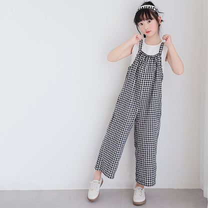 Girls' Casual Tank Top and Plaid Suspender Pants Two Pieces Set