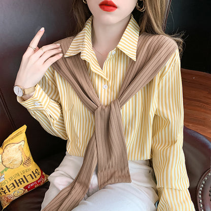 Women's Striped Fake Two-Piece Shawl Long Sleeve Blouse