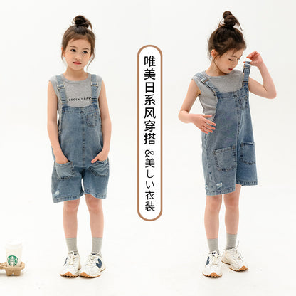 Japanese Style Girls' Casual T-shirt and Denim Suspender Shorts Two Pieces Set