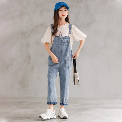 Girls' Casual T-shirt and Denim Suspender Pants Two Pieces Set