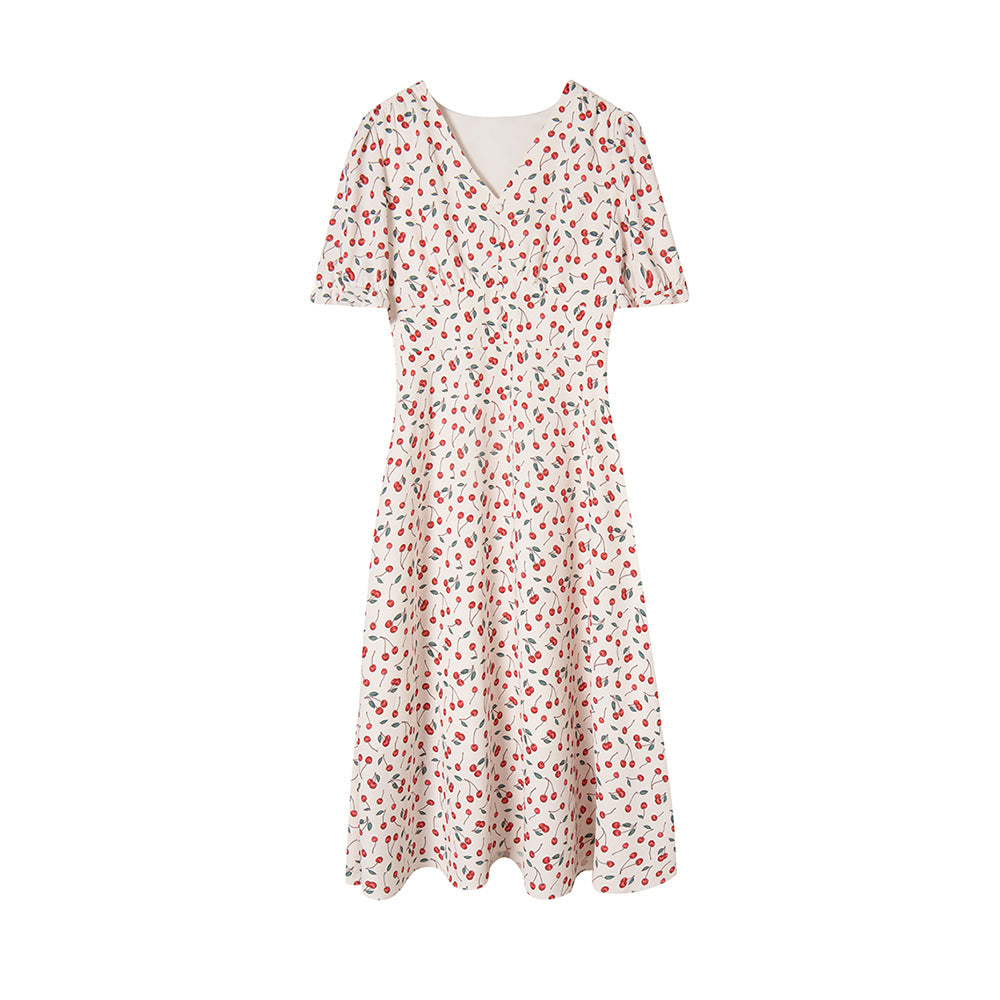 French Cherry Floral Chiffon Dress