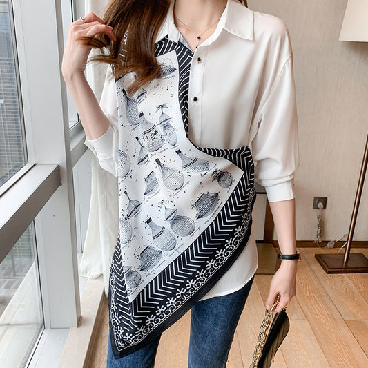 Women's Retro Printed Irregular Long Sleeve Blouse