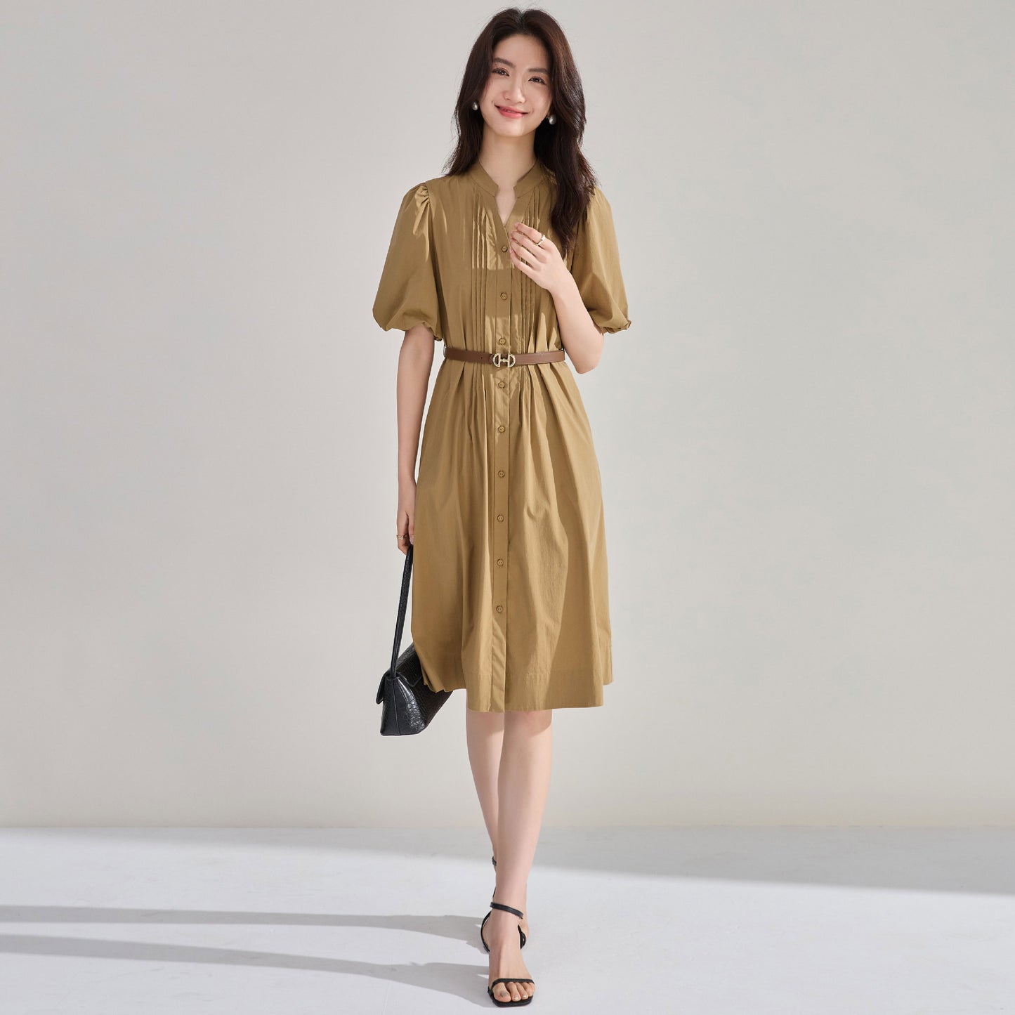 Chic Lantern Sleeve Cotton Blend Shirt Dress