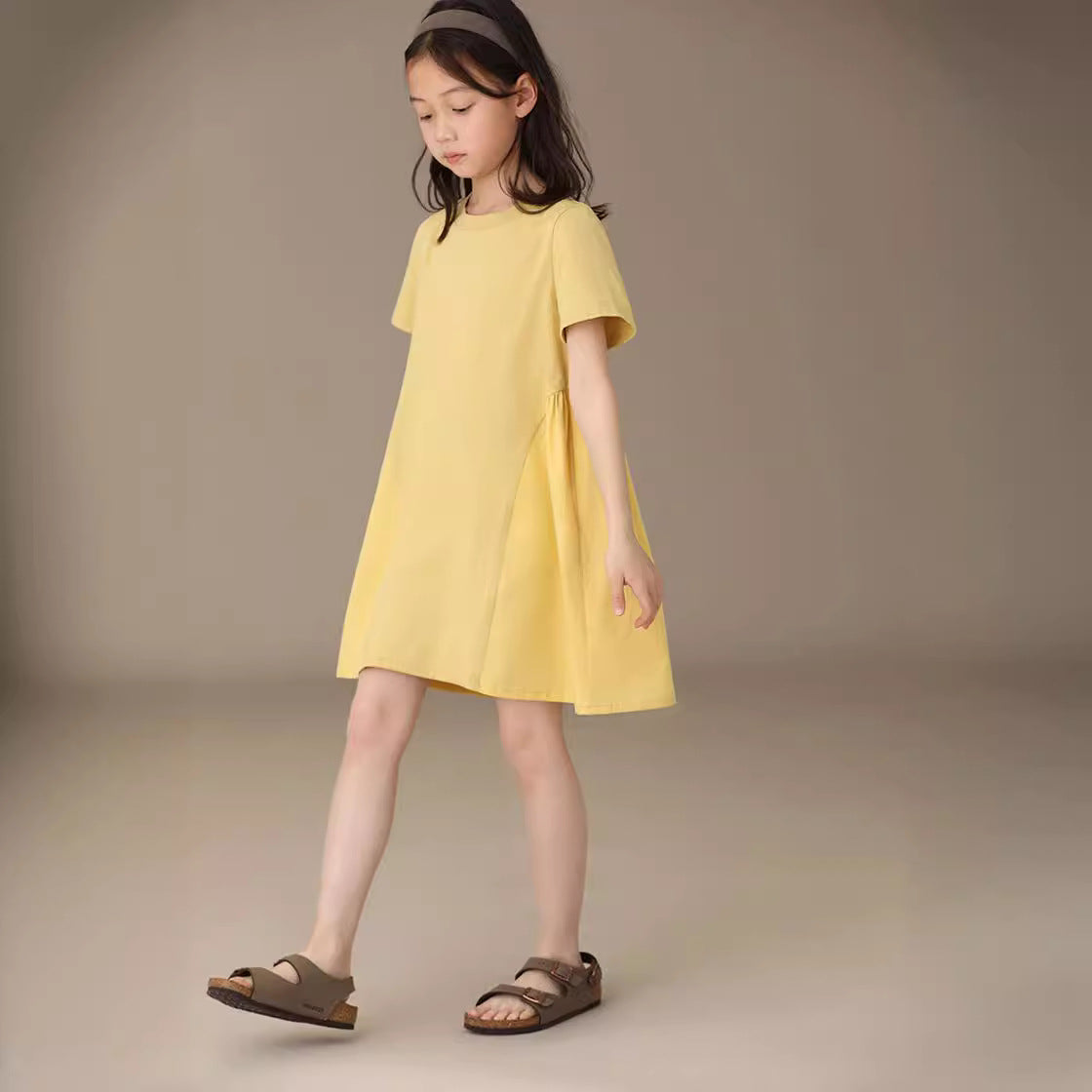 Patchwork Pleated Short Sleeve Girls' Casual T-shirt Dress