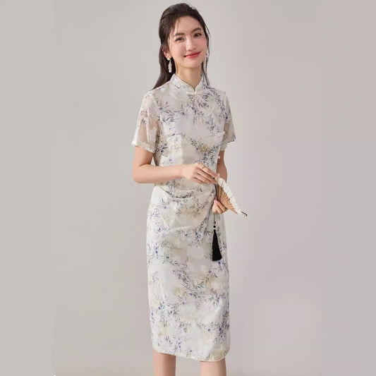 Ornate Floral Crystal-Buckle Qipao Dress