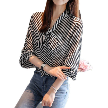 Women's French Style Retro Striped Print V-Neck Ribbon Chiffon Blouse