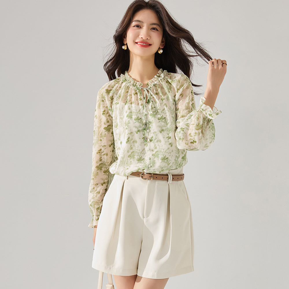 Green Floral Cottage Chiffon Blouse