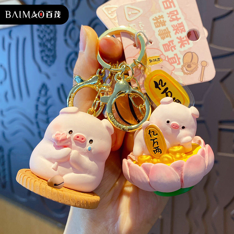 Buddha style pig keychain pendant creative merit+1 resin figurine exquisite backpack decoration for women and men