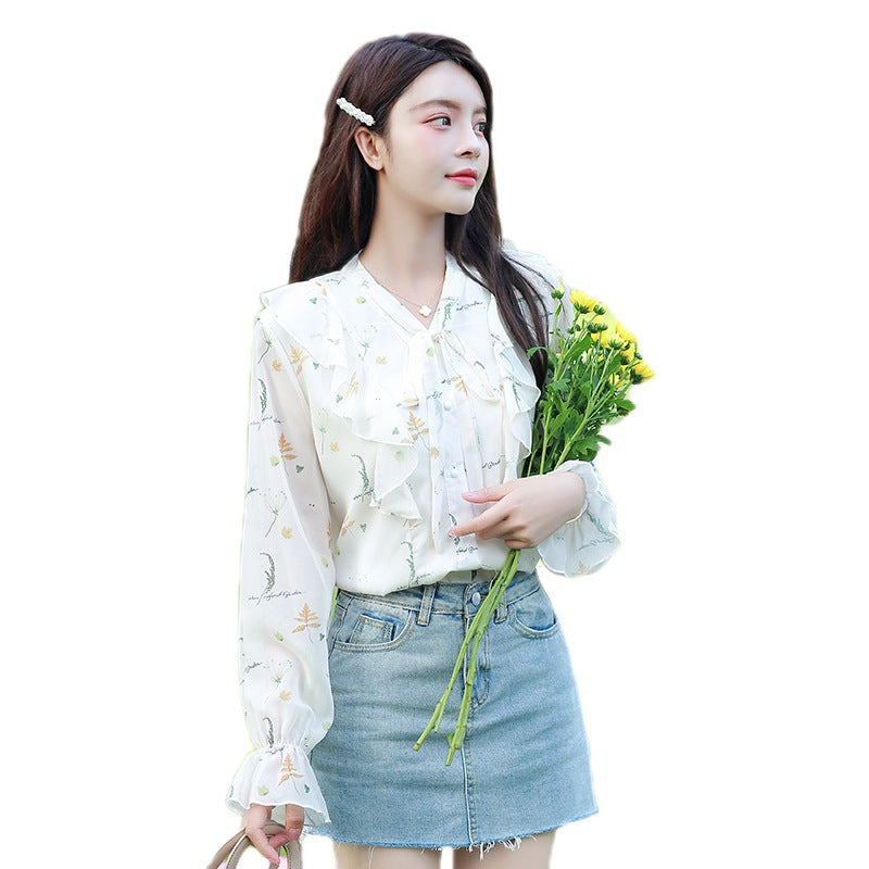 Elegant Women's Korean Style Bowknot Floral Long Sleeve Chiffon Blouse