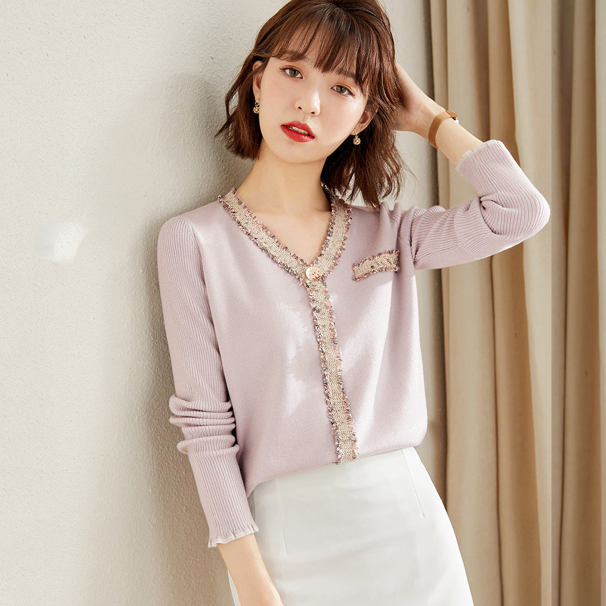 Fashionable V-Neck Long Sleeves Knitted Cardigan