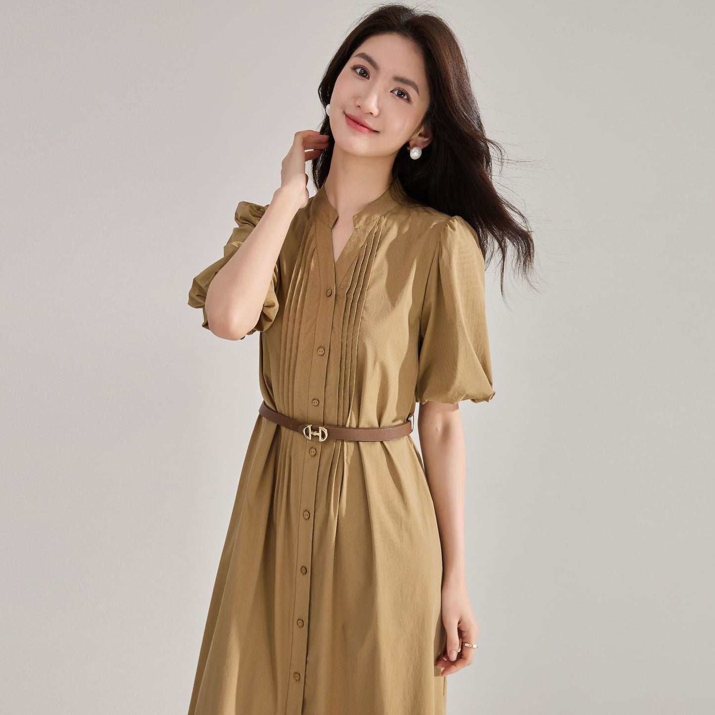 Chic Lantern Sleeve Cotton Blend Shirt Dress