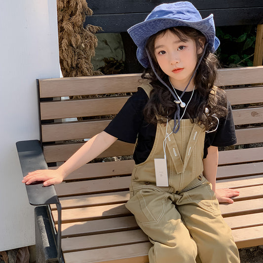Girls' Korean Style T-shirt and Suspender Pants Two Pieces Set