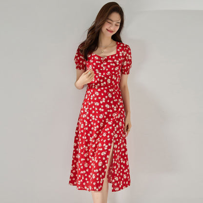 Elegant French Red Floral Slit Puff Sleeve Midi Dress