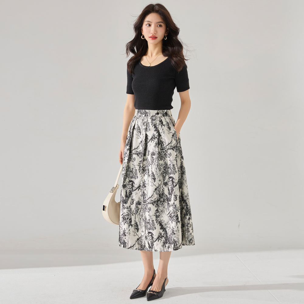 Elegant Pleated Floral A-Line Skirt