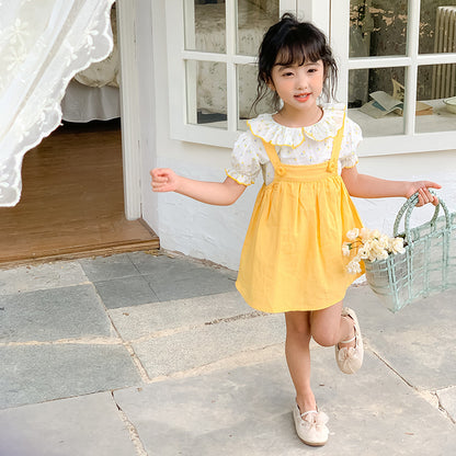 Girls' Korean Style Floral Blouse and Suspender Dress Two Pieces Set