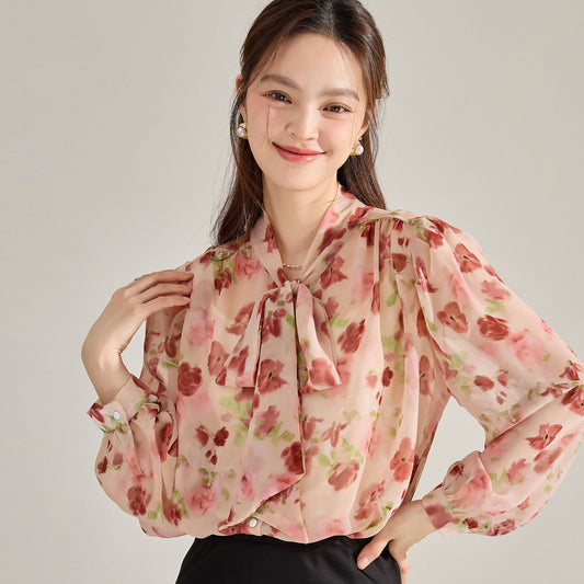 Whimsical Floral Tie-Neck Chiffon Blouse