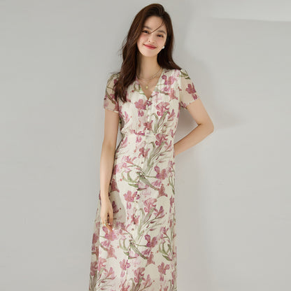 French Iris Floral V-Neck Midi Dress