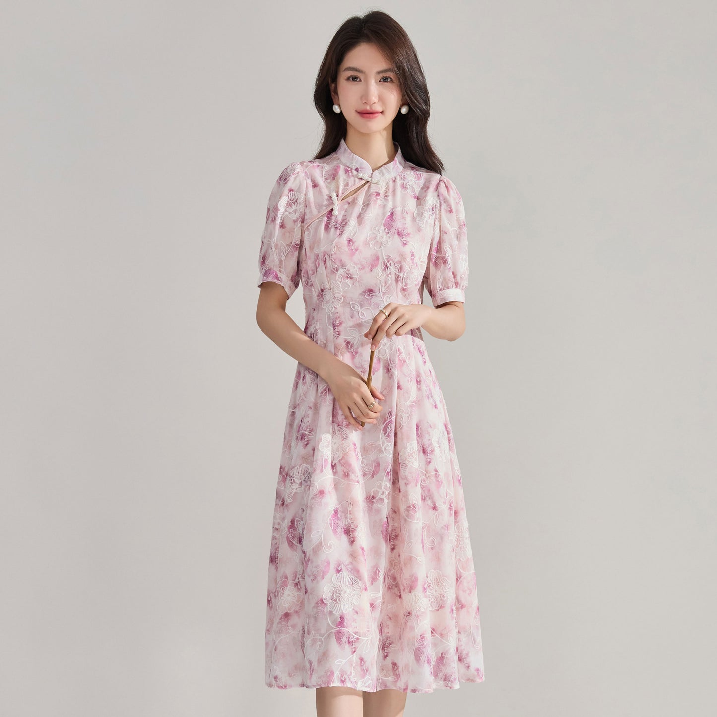 Heritage Charm Floral Qipao Midi Dress