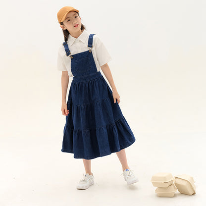 Girls' Japanese Style Shirt and Denim Suspender Dress Two Pieces Set