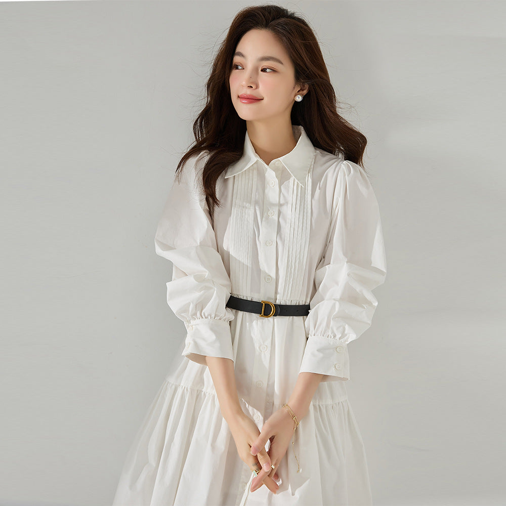 Classic High-Waist White Midi Shirt Dress