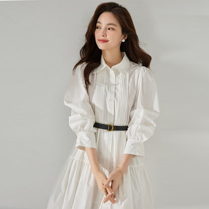 Classic High-Waist White Midi Shirt Dress