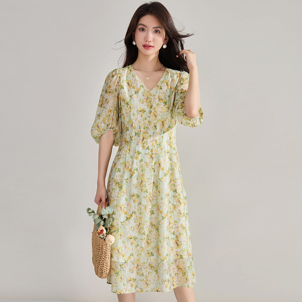 Meadow Green V-Neck Floral Dress