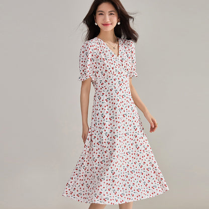 French Cherry Floral Chiffon Dress