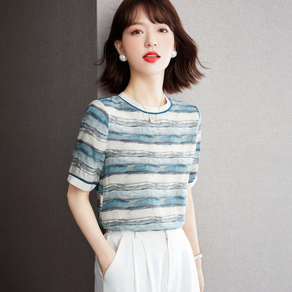 Women's Loose Chiffon Top with Gradient Stripes and Short Sleeves