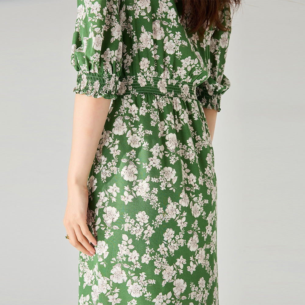 French Green Ruched Floral Wrap Midi Dress