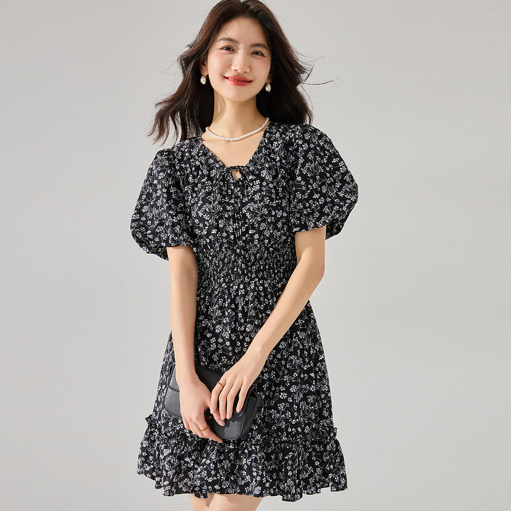 Chic Black French Ruffle Floral Dress