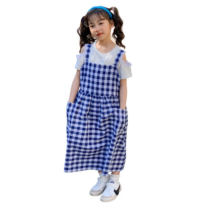 Girls' Preppy Style Cold-shoulder Top and Plaid Suspender Dress Two Pieces Set