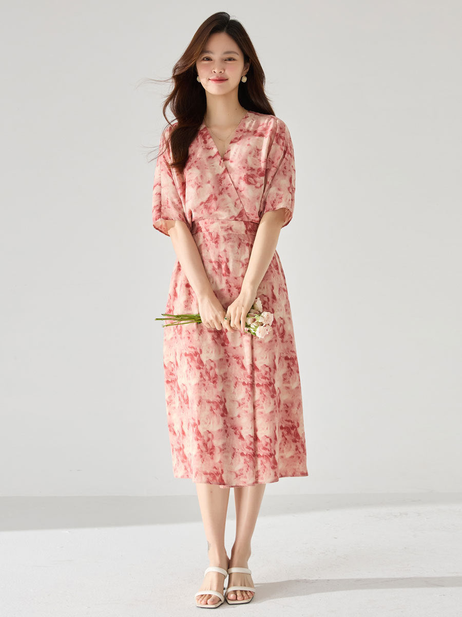 Chic Floral Bat Sleeve Midi Dress