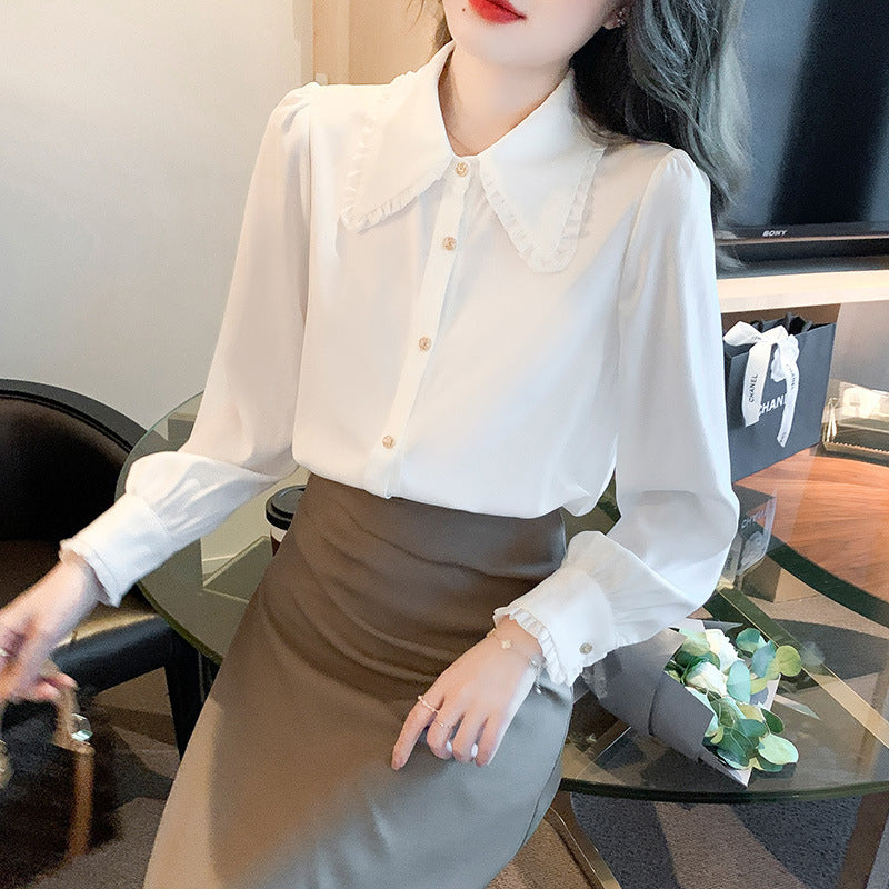 Women's White Baby Doll Collar Chiffon Blouse