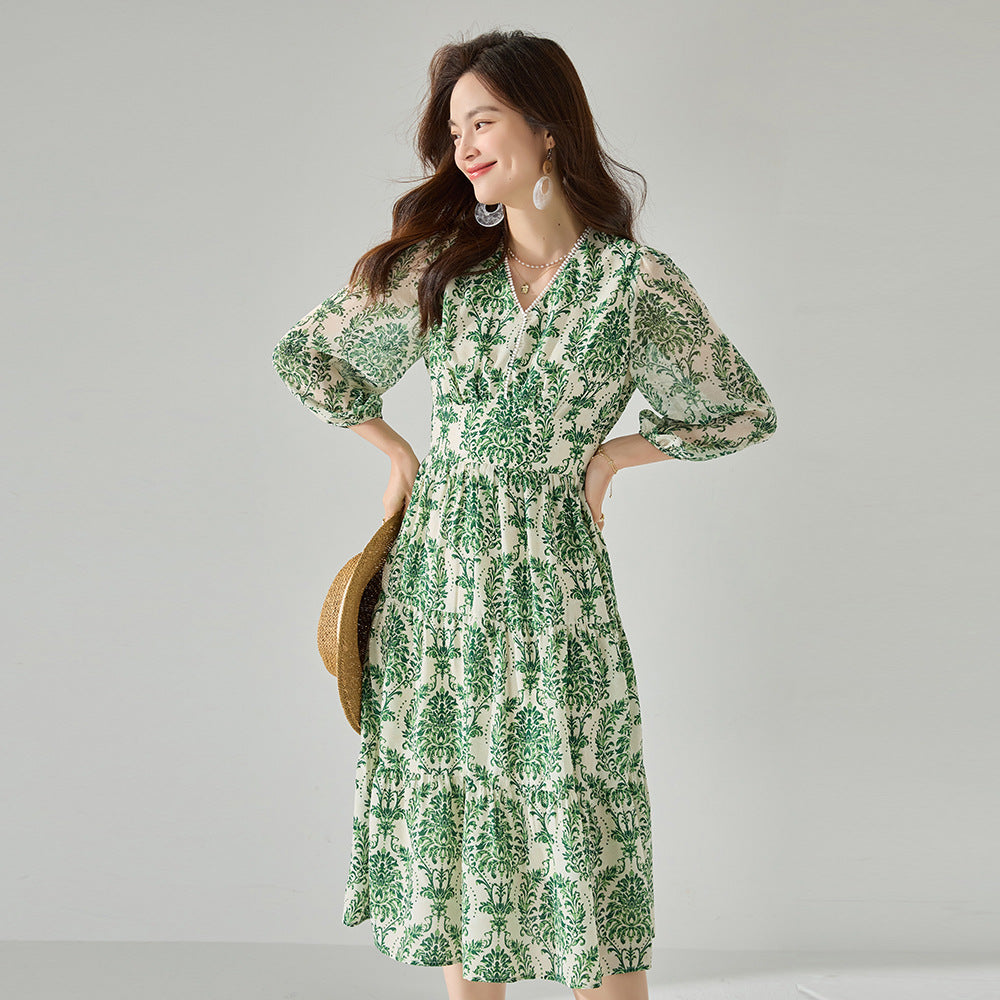 Breezy French Floral Elastic Waist Dress