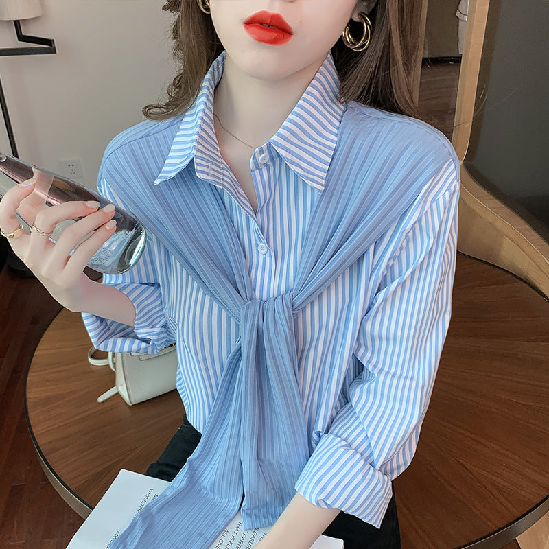 Women's Striped Fake Two-Piece Shawl Long Sleeve Blouse