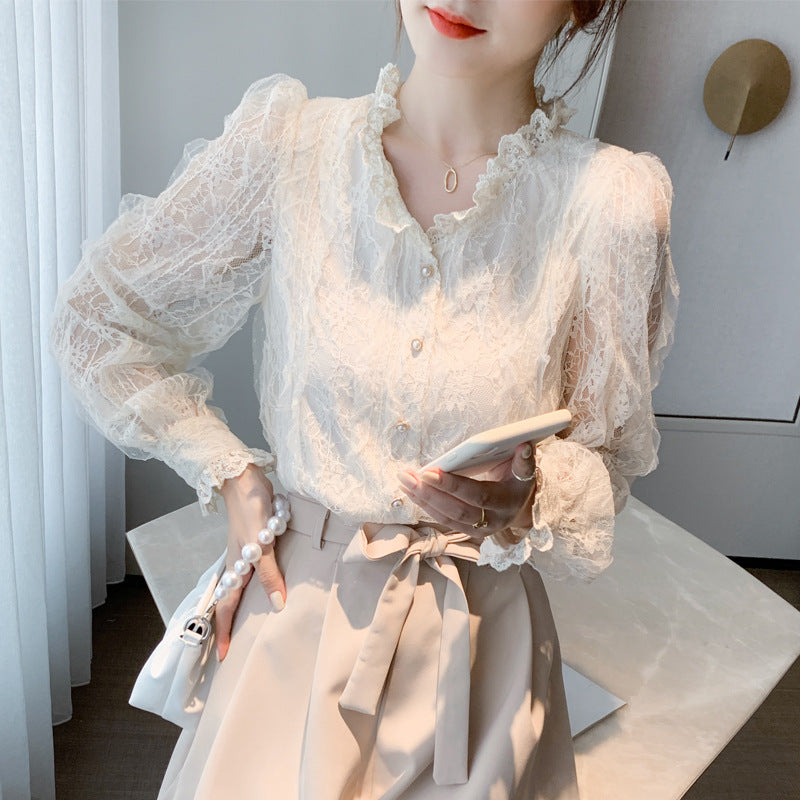 French Style Lace V-Neck Fairy Long Sleeve Blouse