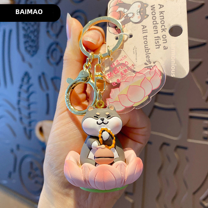 Buddha style Good Luck Lotus Lotus Series Wooden Fish Three Flower Cat Pig Pig Keychain Exquisite Resin Doll Keychain Ring