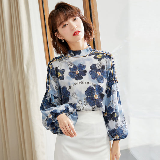 Women's Lantern Sleeves Floral Chiffon Blouse