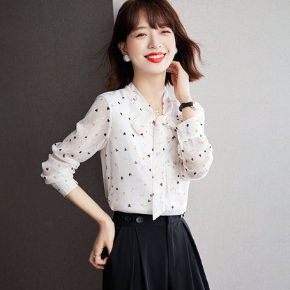 Women's Floral Bow Long Sleeve Chiffon Blouse