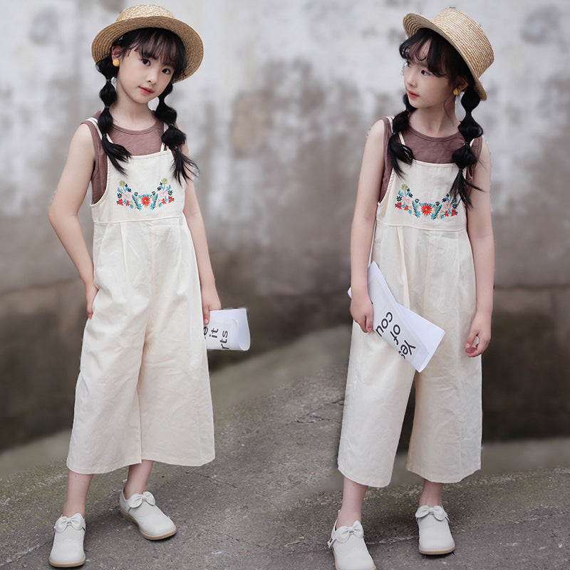 Girls' Casual T-shirt and Embroidery Suspender Pants Two Pieces Set