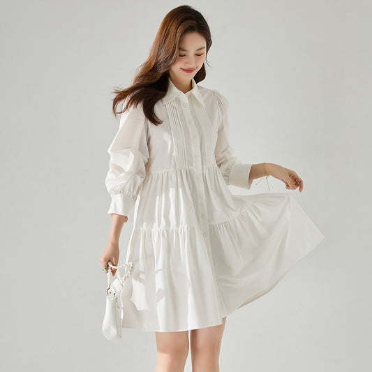 Classic High-Waist White Midi Shirt Dress