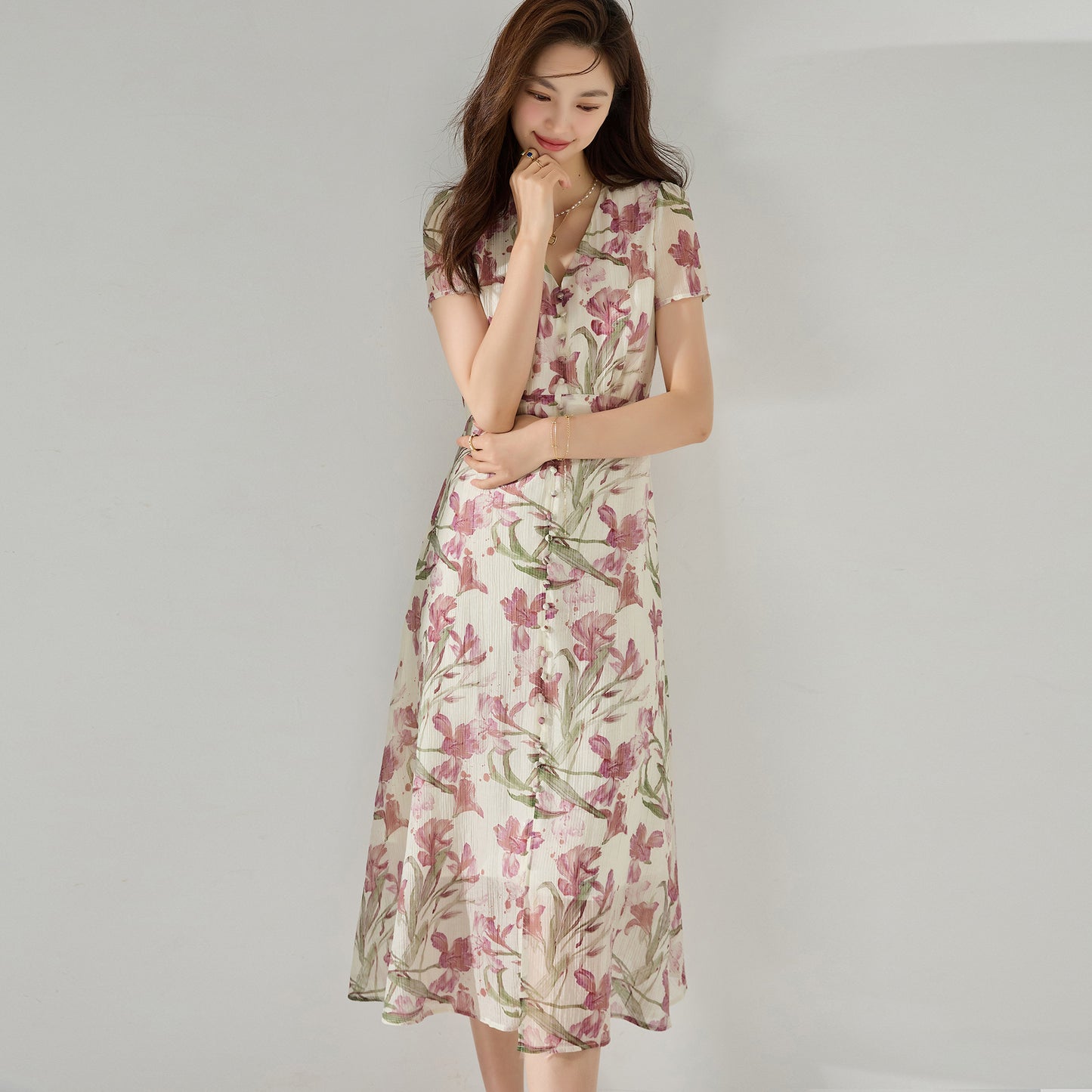 French Iris Floral V-Neck Midi Dress