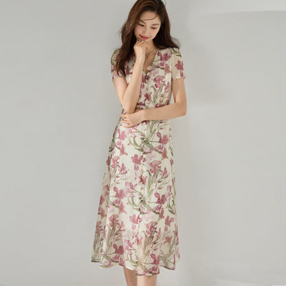 French Iris Floral V-Neck Midi Dress