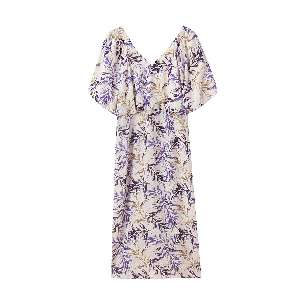 Chic Violet Iris Floral Puff Sleeve Midi Dress