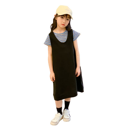Girls' Korean Style Striped T-shirt and Suspender Dress Two Pieces Set